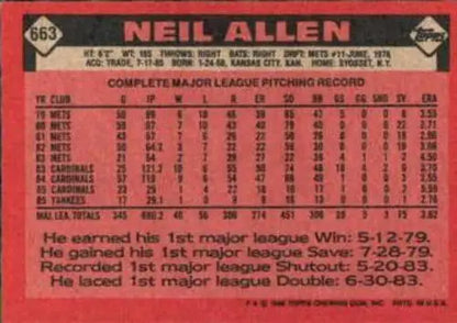 Neil Allen 1986 Topps #663 baseball card back with original gloss NM-MT Yankees