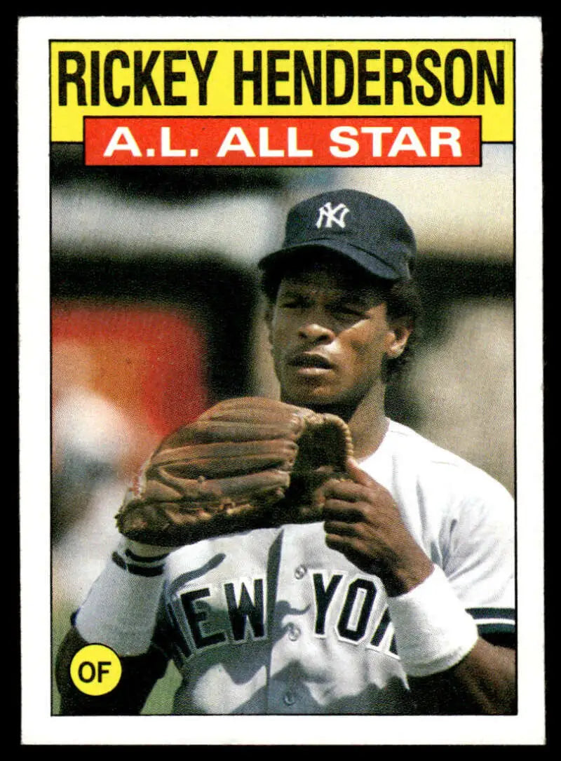 Rickey Henderson baseball card featuring New York Yankees outfielder in white uniform