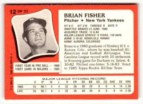 Brian Fisher baseball card from 1986 Topps Kay-Bee Young Superstars, original gloss finish