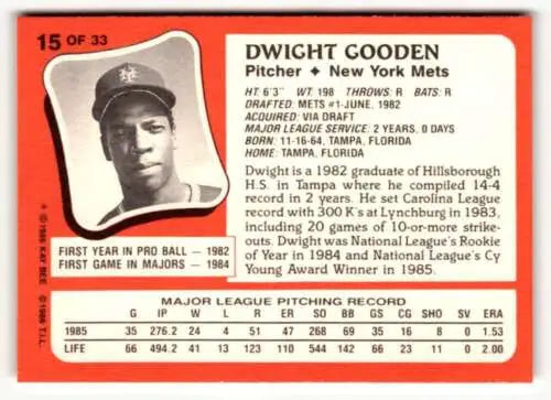 Dwight Gooden 1986 Topps Kay-Bee Young Superstars baseball card with original gloss