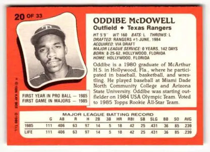 1986 Topps Kay-Bee Oddibe McDowell baseball card featuring original gloss and young superstars