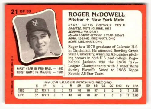 Roger McDowell baseball card from 1986 Topps Kay-Bee Young Superstars, original gloss