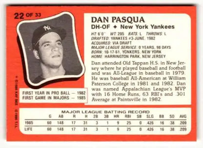 Dan Pasqua 1986 Topps Kay-Bee Young Superstars baseball card with original gloss