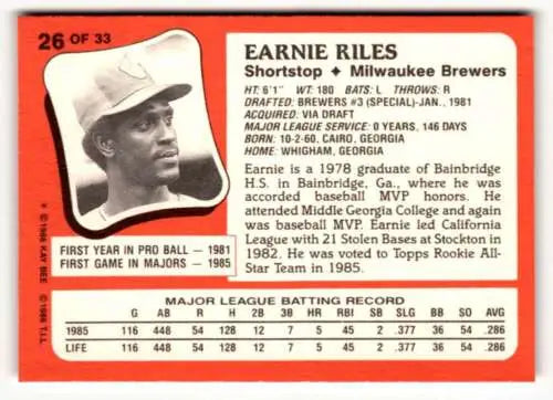 Earnie Riles baseball card from 1986 Topps Kay-Bee Young Superstars with original gloss