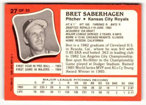 Bret Saberhagen baseball card from 1986 Topps Kay-Bee Young Superstars with original gloss