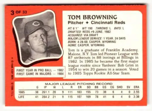 Tom Browning baseball card 1986 Topps Kay-Bee Young Superstars original gloss NrMt-Mt