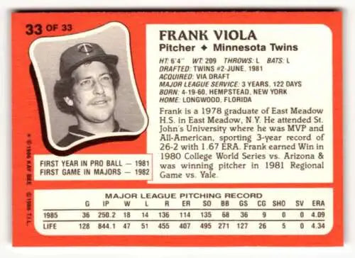 Frank Viola baseball card from 1986 Topps Kay-Bee Young Superstars with original gloss