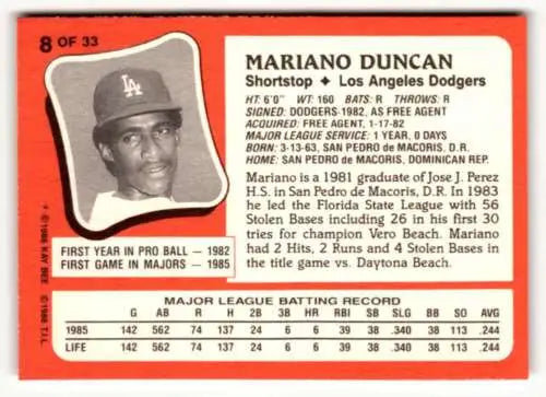 Original gloss 1986 Topps Kay-Bee Young Superstars baseball card of Mariano Duncan