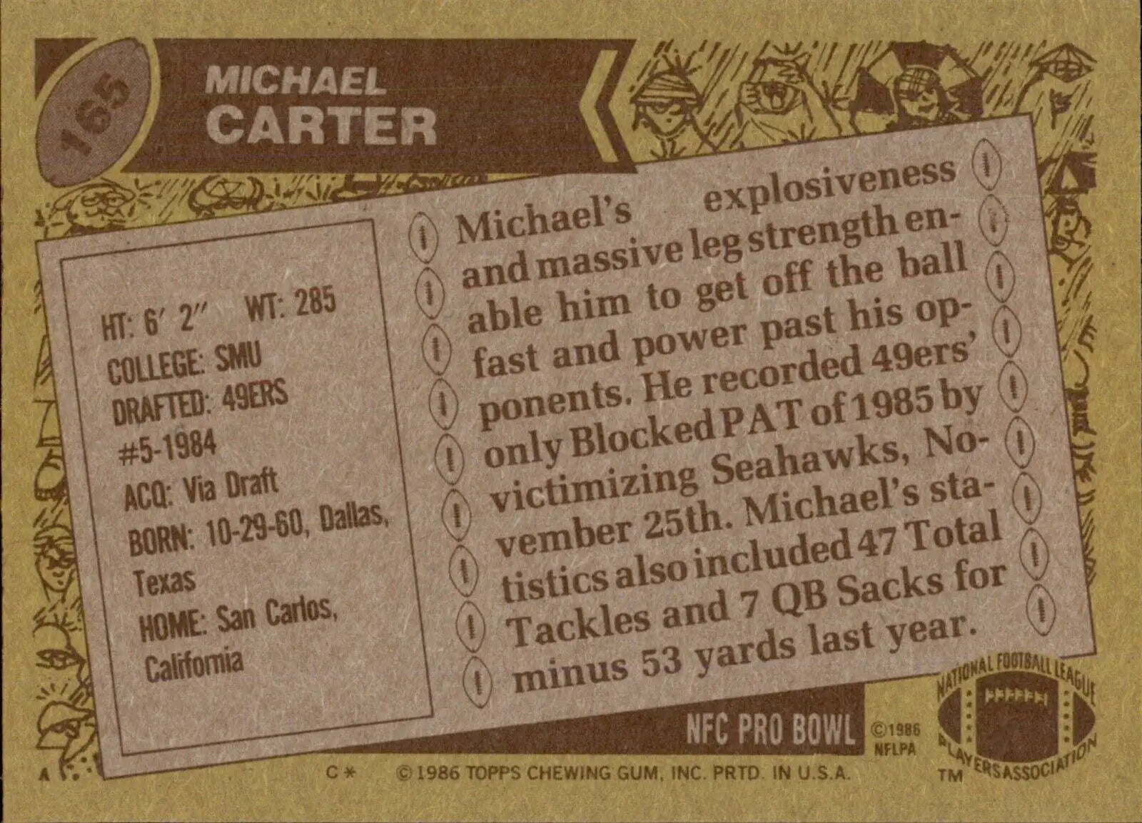 Topps Michael Carter San Francisco 49ers football card from 1986 Topps set EX condition