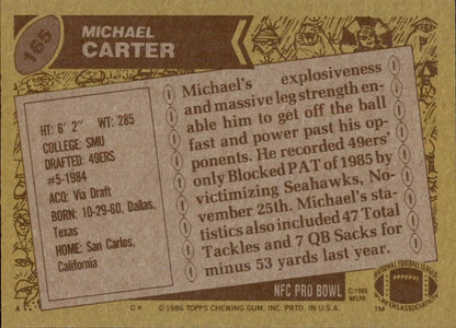 Topps Michael Carter San Francisco 49ers football card from 1986 Topps set EX condition