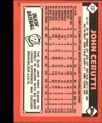 Baseball card back of 1986 Topps Traded #23T John Cerutti Toronto Blue Jays Tiffany MLB