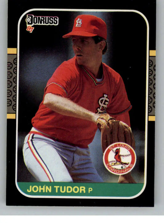 Baseball card of John Tudor in red uniform for St. Louis Cardinals baseball fans