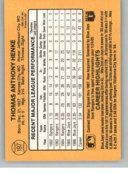 Orange basketball trading card featuring Tom Henke statistics for Toronto Blue Jays