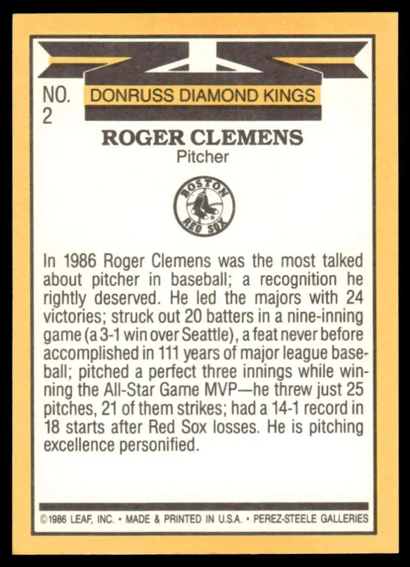 1986 Donruss Diamond Kings baseball card of Roger Clemens, Boston Red Sox pitcher