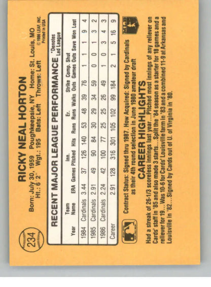 Baseball card statistics panel on yellow-orange background for Ricky Horton St. Louis Cardinals