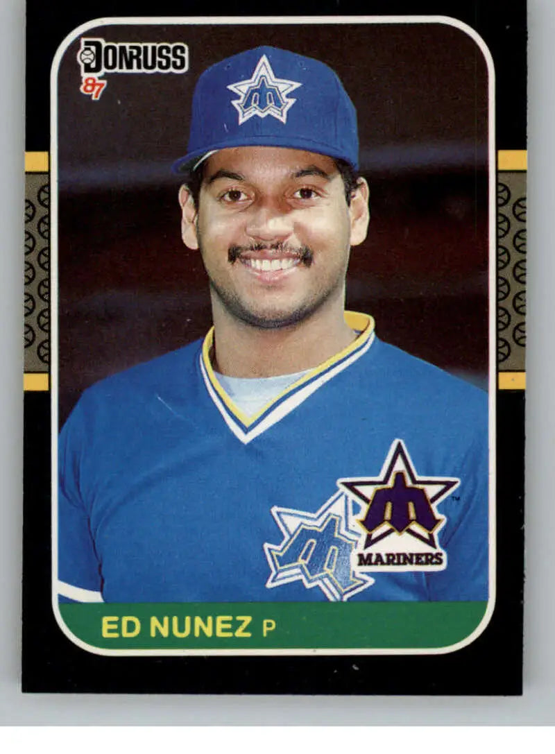 Baseball card of Edwin Nunez in a blue Seattle Mariners uniform and star logo