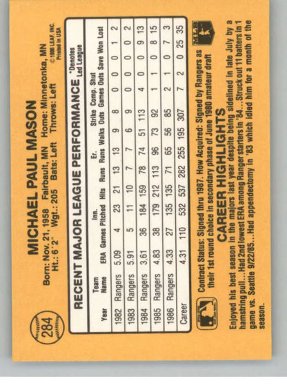 Baseball card of Mike Mason with player stats on an orange background for Texas Rangers