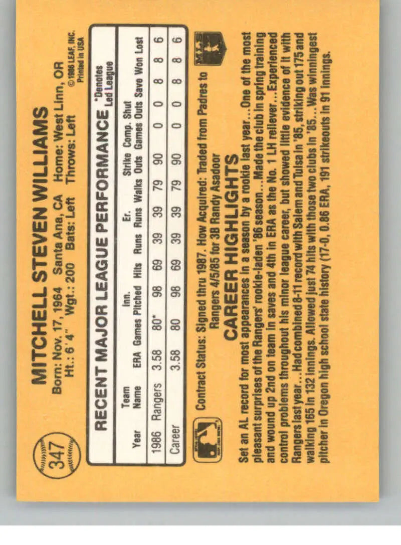 Back of 1987 Donruss #347 Mitch Williams baseball card with Texas Rangers player stats