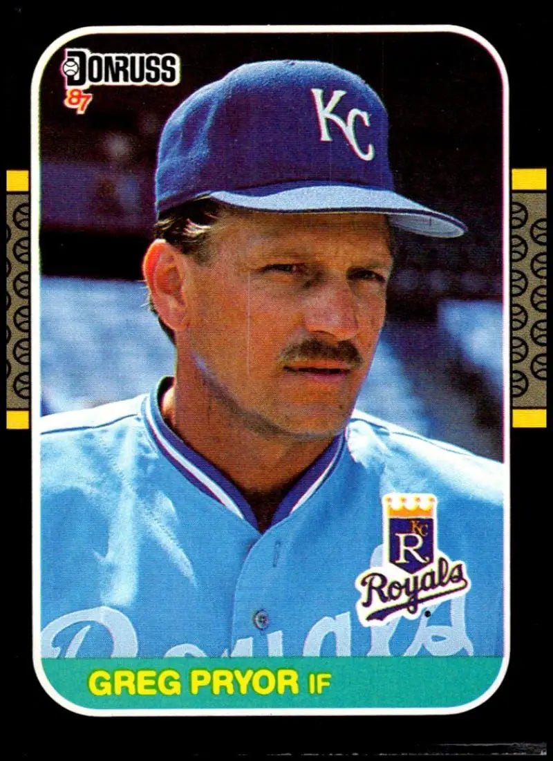 1987 Donruss baseball card of Greg Pryor from the Kansas City Royals in blue cap and jersey