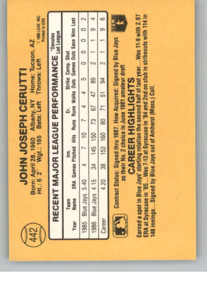 Baseball card statistics grid on orange background featuring John Cerutti, Toronto Blue Jays