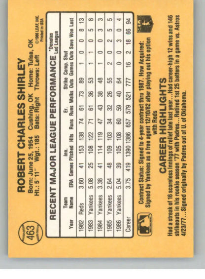 Baseball card statistics grid for Bob Shirley of the New York Yankees on orange background