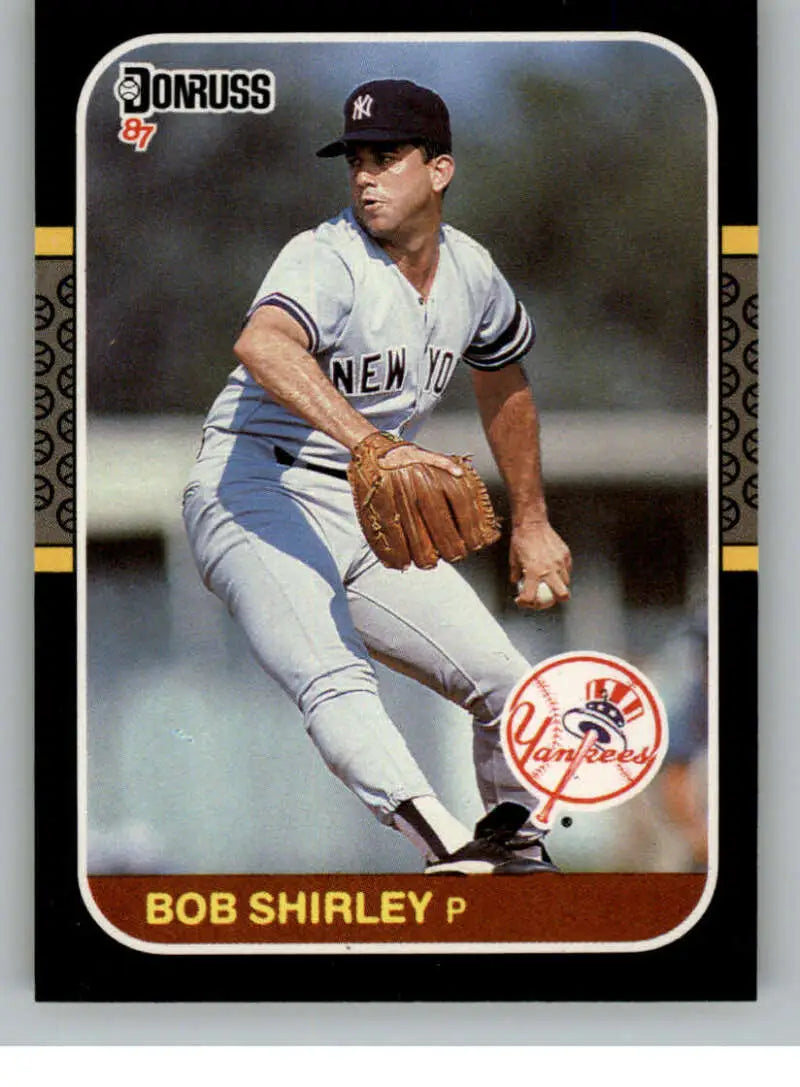 Baseball card of Bob Shirley, New York Yankees pitcher in white pinstripes