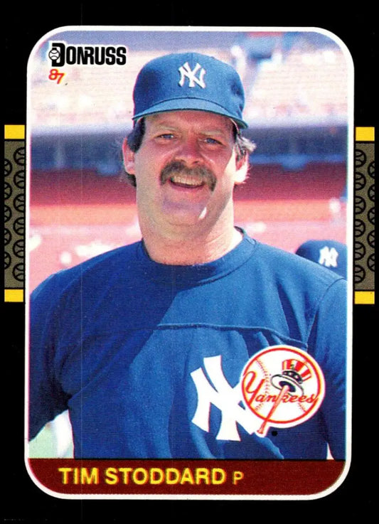 1987 Donruss baseball card of Tim Stoddard, a New York Yankees pitcher in blue uniform