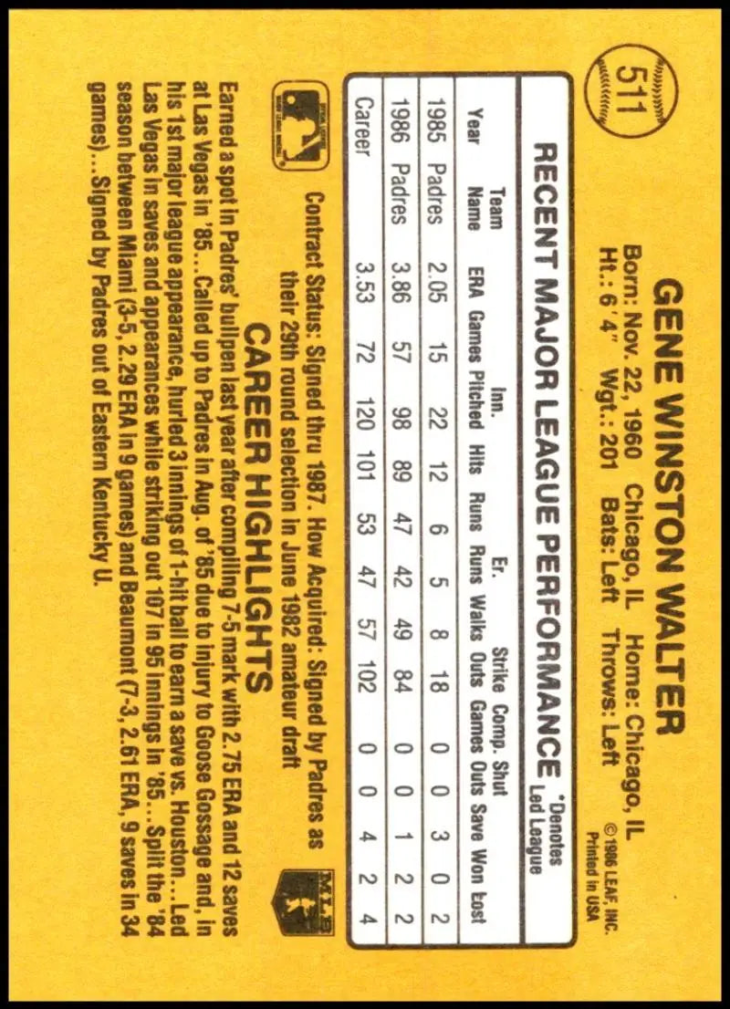 1987 Donruss #511 Gene Walter Baseball Card with San Diego Padres player statistics