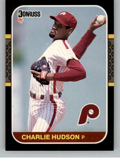 Baseball card of Charles Hudson pitching for the Philadelphia Phillies in pinstriped uniform