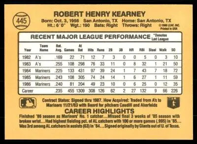 Baseball card back of 1987 Donruss Bob Kearney Seattle Mariners #445 displayed