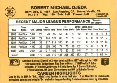 Bob Ojeda baseball card back from 1987 Donruss New York Mets #364, text-align center