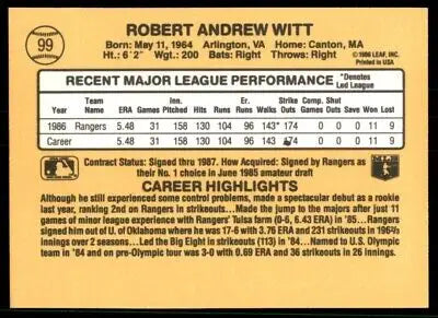 Back of 1987 Donruss Bobby Witt Rookie Texas Rangers #99 baseball card