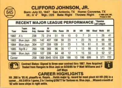 Back of 1987 Donruss Cliff Johnson Toronto Blue Jays baseball card #645