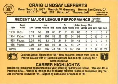 Craig Lefferts baseball card from 1987 Donruss San Diego Padres #387 text-align center