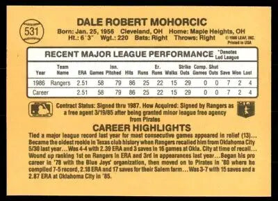 Baseball card back of 1987 Donruss Dale Mohorcic Rookie Texas Rangers #531