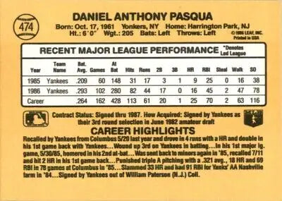 Dan Pasqua 1987 Donruss baseball card featuring New York Yankees #474 in text-align center