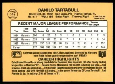 Danny Tartabull baseball card from 1987 Donruss Seattle Mariners #147 displayed center