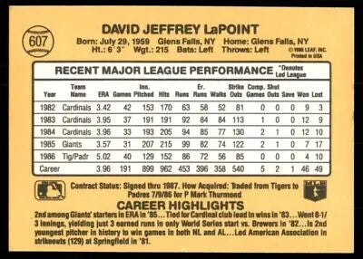 Baseball card back of 1987 Donruss Dave LaPoint San Diego Padres #607, text-align center