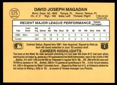 Back of 1987 Donruss Dave Magadan Rookie card from New York Mets with stats