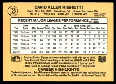 1987 Donruss Dave Righetti New York Yankees baseball card featuring Dave Righetti