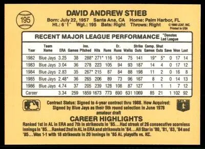 Back view of 1987 Donruss Dave Stieb Toronto Blue Jays baseball card text-align center