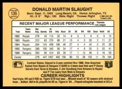 Don Slaught baseball card from 1987 Donruss, Texas Rangers #136, text-align center