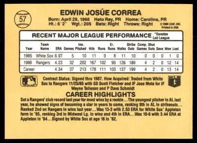 Baseball card back of 1987 Donruss Ed Correa Rookie Texas Rangers #57 text-align center