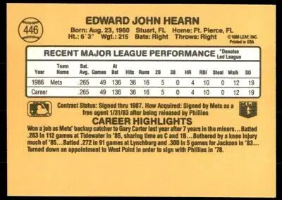 Back of 1987 Donruss Ed Hearn Rookie New York Mets #446 baseball card displayed