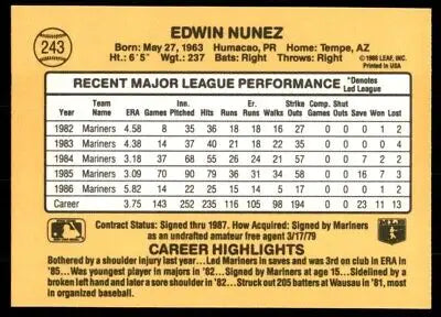 Edwin Nunez baseball card back from 1987 Donruss Seattle Mariners #243 text-align center