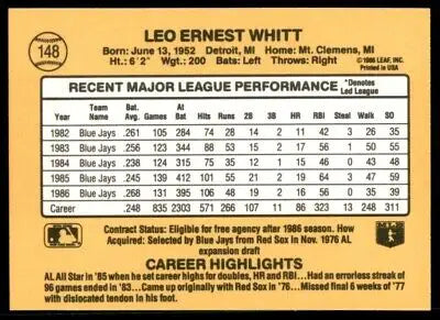 Baseball card back of 1987 Donruss Ernie Whitt Toronto Blue Jays #148 text-align center