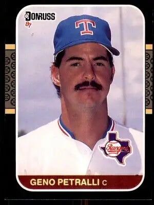 1987 Donruss Geno Petralli Texas Rangers card featuring player in blue cap with T logo