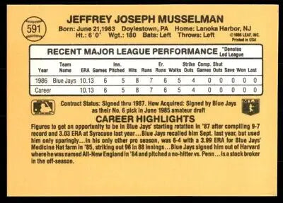 Back of 1987 Donruss Jeff Musselman Rookie Toronto Blue Jays card with text-align center design