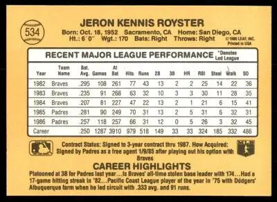 Baseball card back featuring Jerry Royster of the San Diego Padres, text-align center design