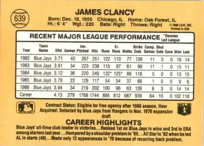 Back of 1987 Donruss Jim Clancy baseball card featuring Toronto Blue Jays stats